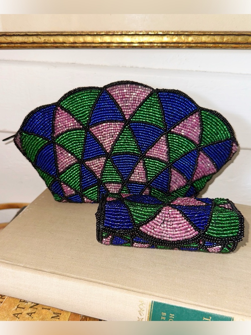 Vintage 1980s Neiman Marcus beaded clutch & Lipstick Holder set